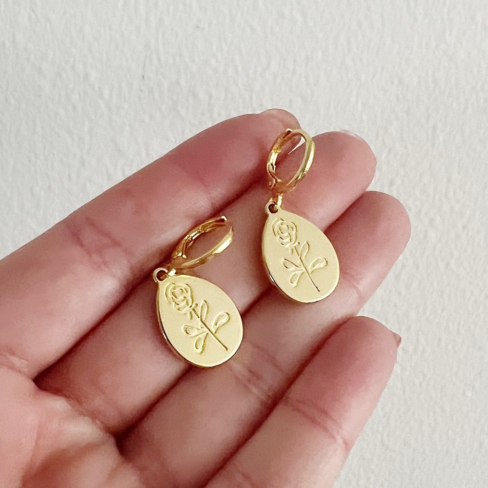Gold Floral Huggie Hoop Earrings - Picture 3 of 9